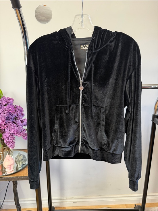 Emporio Armani Jackets & Blazers - EA7 Emporio Armani Black Velvet Zip Hoodie Size S Cropped